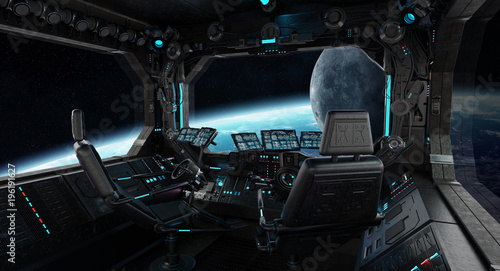 Fototapeta Naklejka Na Ścianę i Meble -  Spaceship grunge interior with view on planet Earth