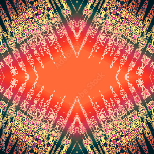 Kaleidoscope pattern with gold stains, streaks, strokes on red, orange, black rhombus. Abstract background. Symmetric ethnic ornament. Square template for fashion design, wallpapers, scrapbooking photo