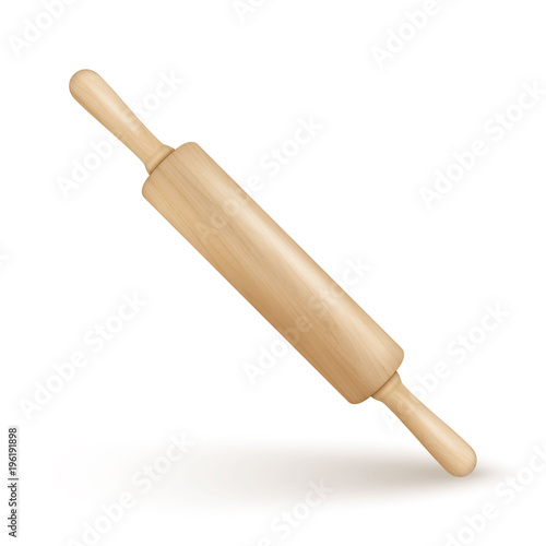 Vector realistic 3D wooden rolling pin icon closeup isolated on white background. Design template for graphics