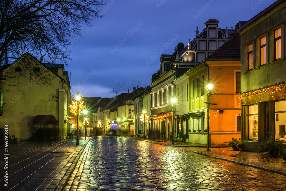 Old town in Kaunas city at night , Lithuania