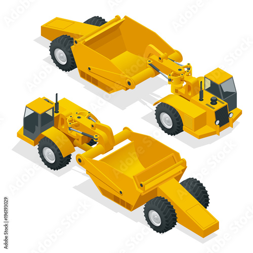 Isometric Wheel tractor-scraper. Wheel tractor-scraper, heavy equipment used for earthmoving. scraper a conveyor belt moves material from the cutting edge into the hopper.