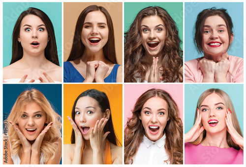 collage of photos of attractive smiling happy women