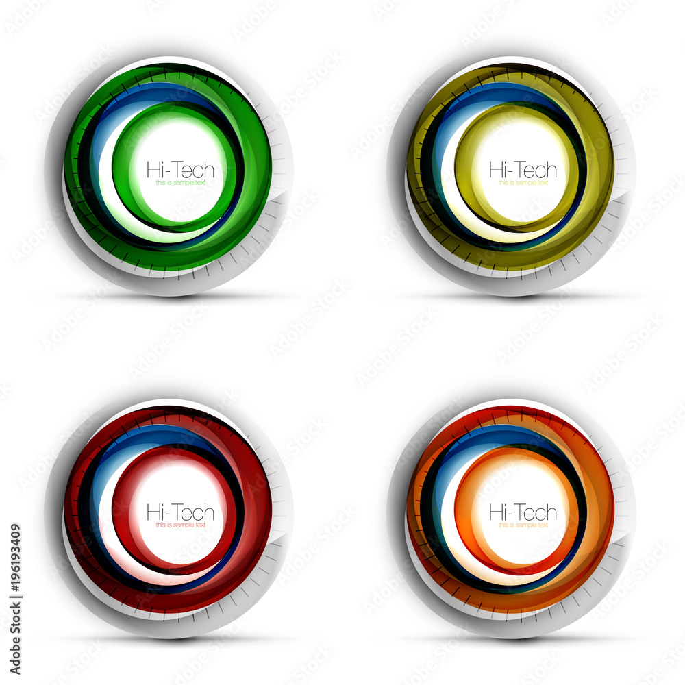 Set of digital techno spheres - web banners, buttons or icons with text. Glossy swirl color abstract circle design, hi-tech futuristic symbols with color rings and grey metallic element Set of digital techno spheres - web banners, buttons or icons with text. Glossy swirl color abstract circle design, hi-tech futuristic symbols with color rings and grey metallic element