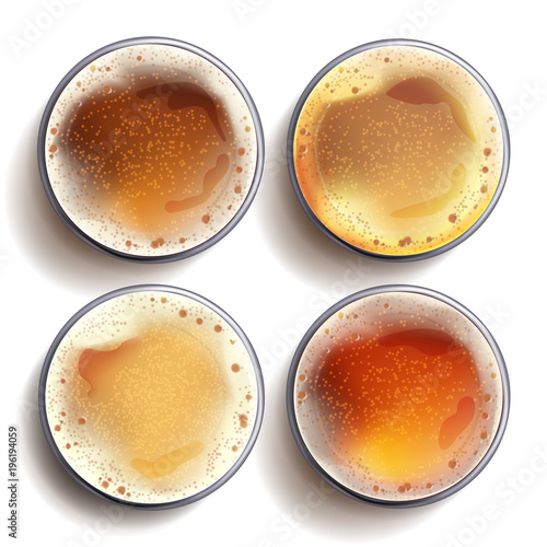 Craft Beer Glass Set Vector. View From Above. Lager, Amber Ale, Stout. Brewery Banner Design. Realistic Isolated Illustration