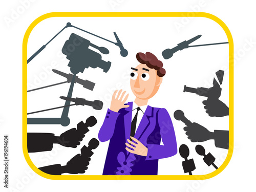 Interview. Vector illustration. Speaker man. Press conference. Hands with microphone. News. Live report, live news. Many hands of journalists with microphones and cameras.