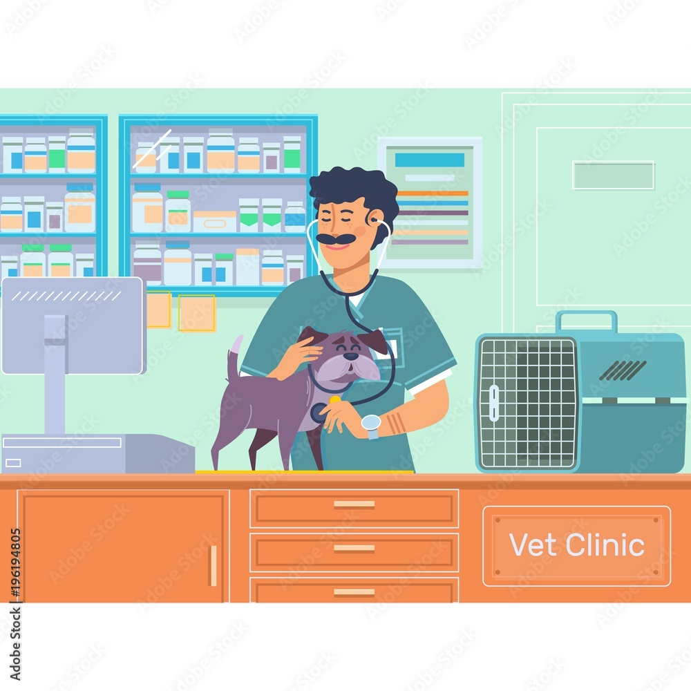 Veterinarian examining a dog in animal hospital.Veterinary doctor pet