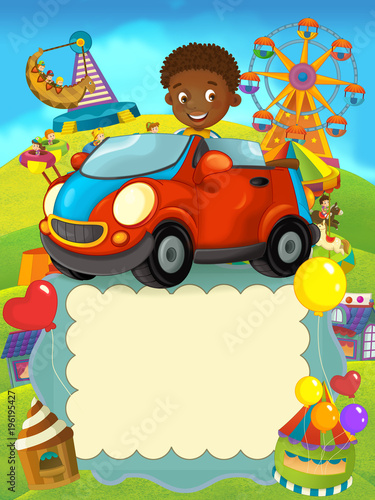 cartoon scene with boy in toy car in amusement park - space for text - illustration for children