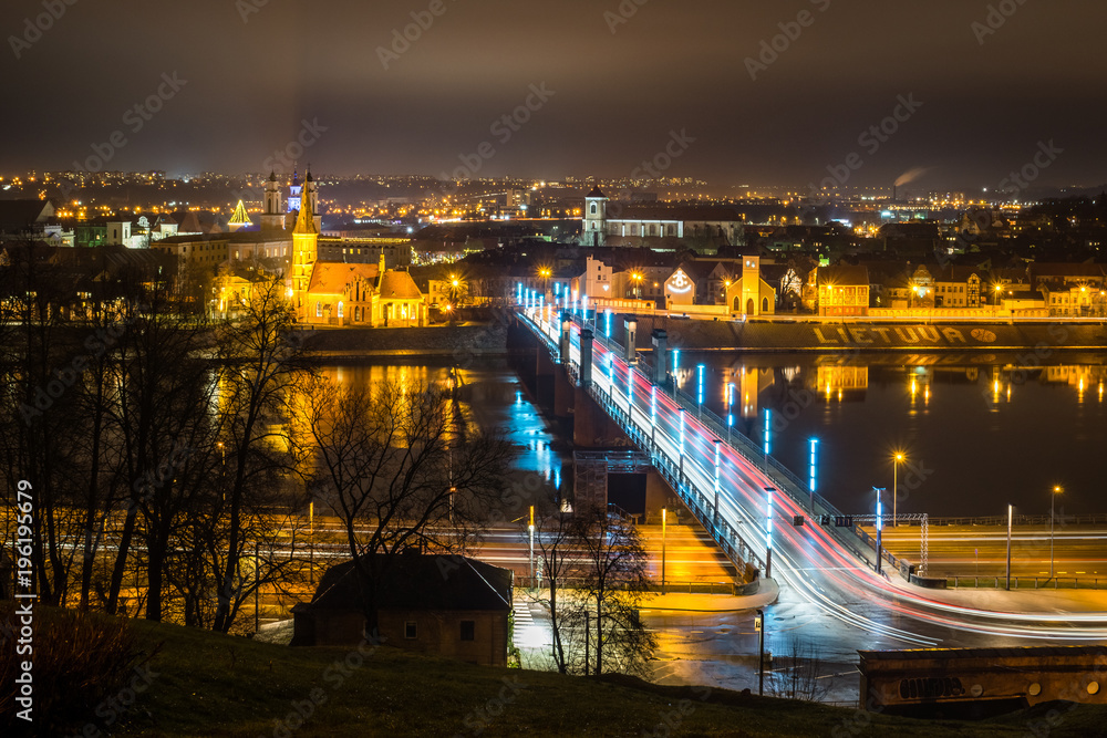 View on the old town in Kaunas city and Nemunas river at night , Lithuania