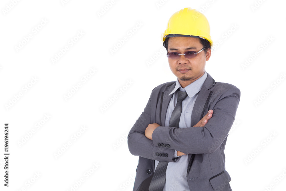 engineer in helmet with arms crossed, isolated on white engineer in helmet with arms crossed, isolated on white