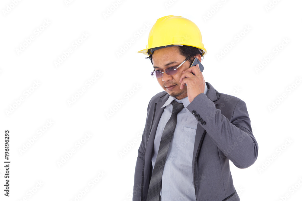 engineer using mobile phone isolated on white background engineer using mobile phone isolated on white background