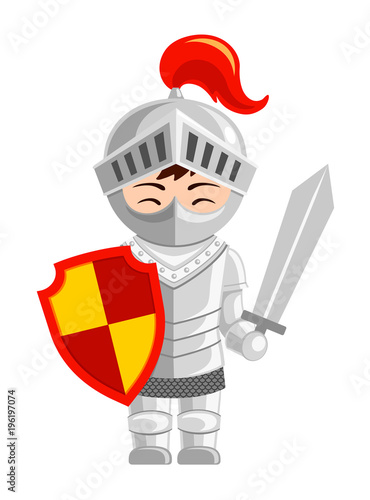 Cartoon knight. Cute little kid in costume. Vector flat illustration.