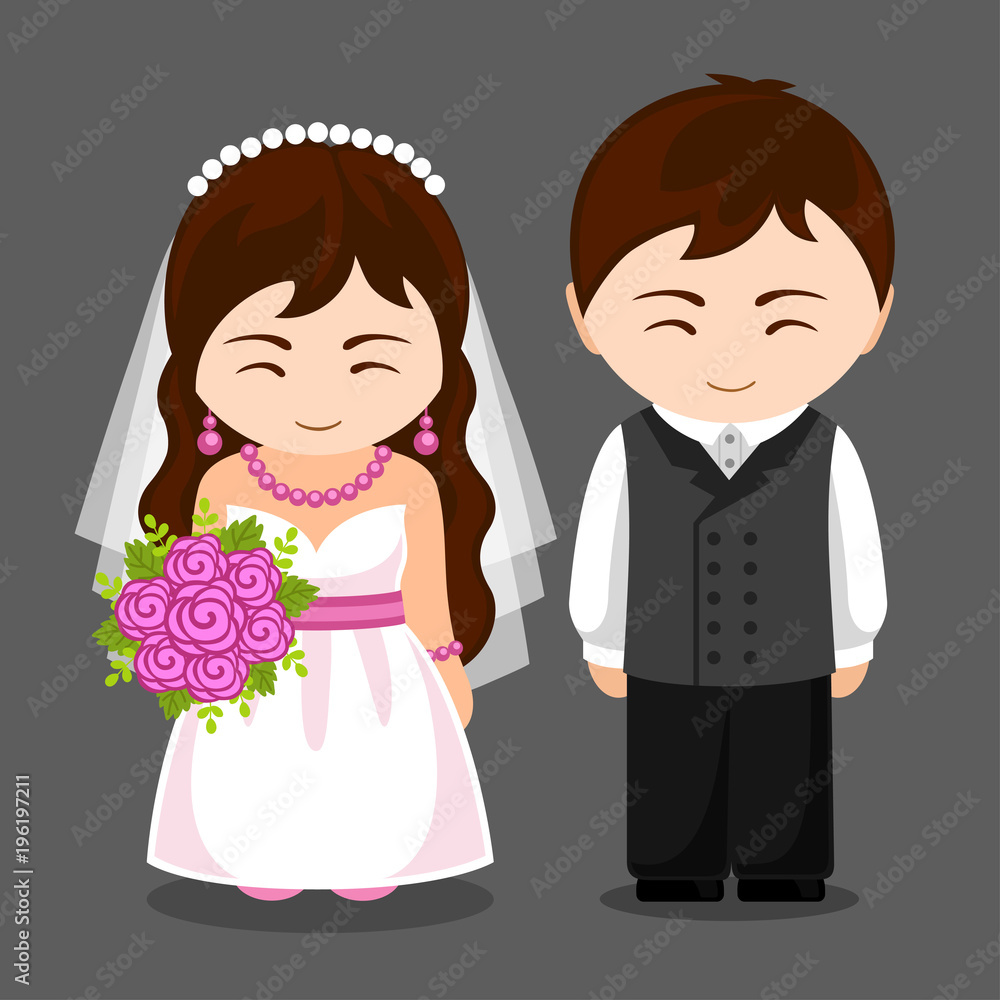 Pretty newlywed couple. Bride and groom. Wedding. Vector flat illustration. Pretty newlywed couple. Bride and groom. Wedding. Vector flat illustration.