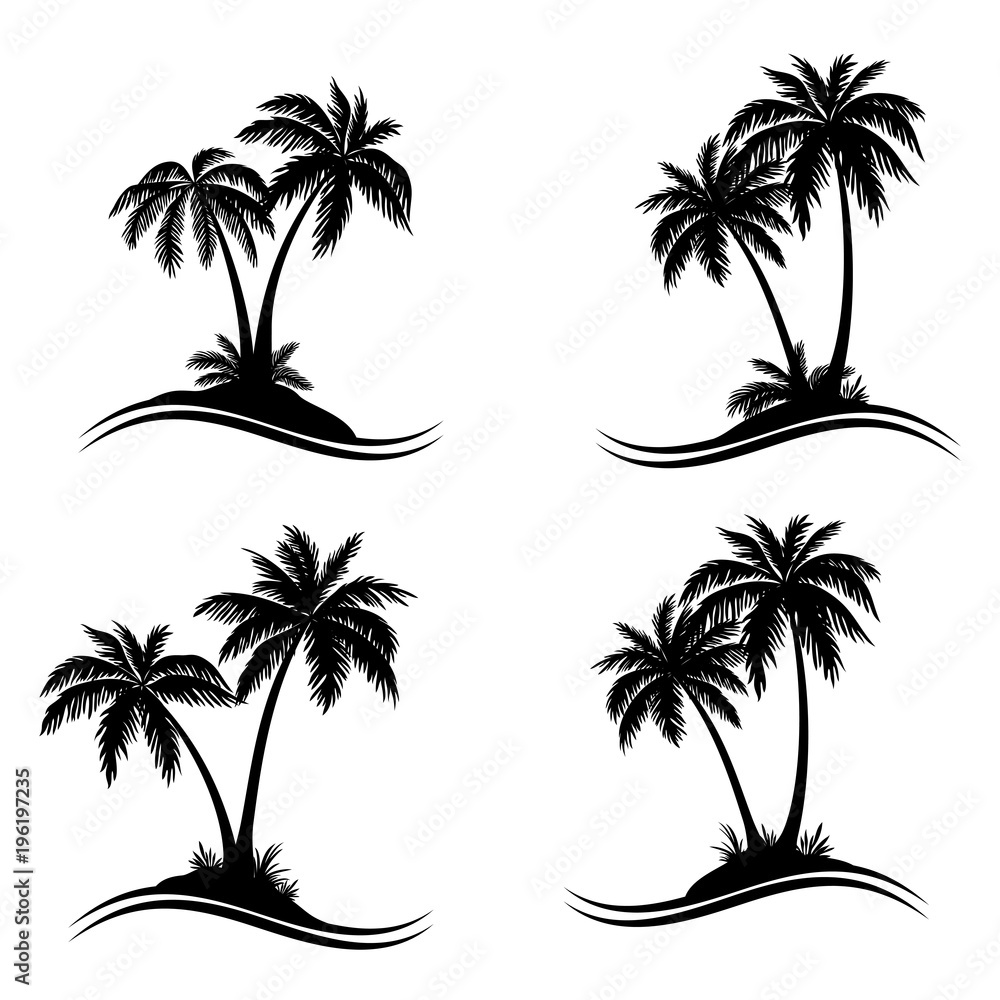 Obraz premium Tropical Palm Trees, Black Silhouettes and Wave Lines Isolated on White Background. Vector