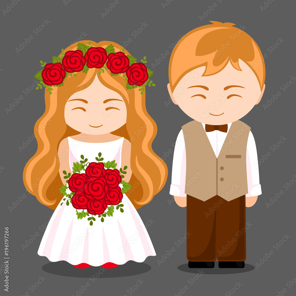 Beautiful newlywed couple. Bride with bouquet of red roses and groom. Wife  and husband. Cute cartoon characters. Vector flat illustration. Stock  Vector | Adobe Stock