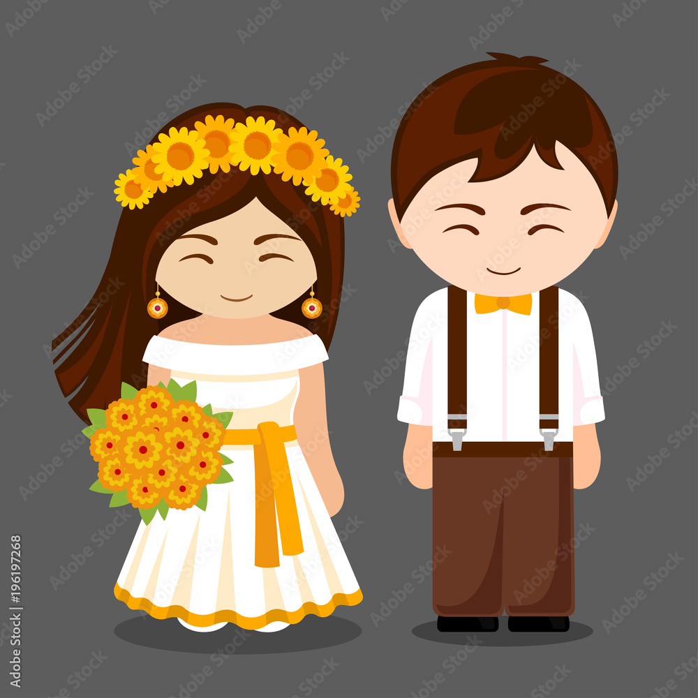 Beautiful newlywed couple. Bride with yellow bouquet and groom. Wife and  husband. Cute cartoon characters. Vector flat illustration. Stock Vector |  Adobe Stock
