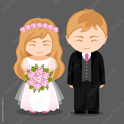 Sweet newlywed couple.  Bride and groom. Cute cartoon characters. Vector illustration.