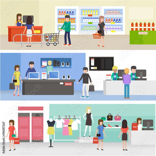 People shopping in supermarket, buying product in clothing, electronics and grocery store. Vector illustration.