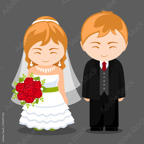 Newlywed couple. Blonde bride and groom. Wife and husband. Wedding. Vector flat illustration.