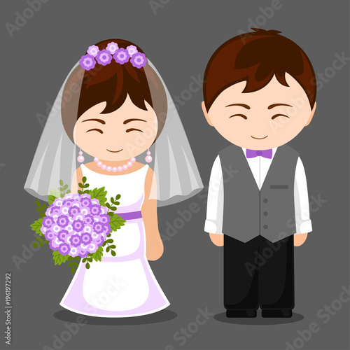 Pretty newlywed couple. Bride and groom. Wedding. Vector flat illustration.