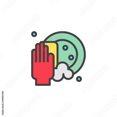 Clean dishes filled outline icon, line vector sign, linear colorful pictogram isolated on white. Hand holding sponge scrubbing the plate symbol, logo illustration. Pixel perfect vector graphics