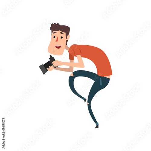 Professional male photographer paparazzi with camera sneaking vector Illustration on a white background