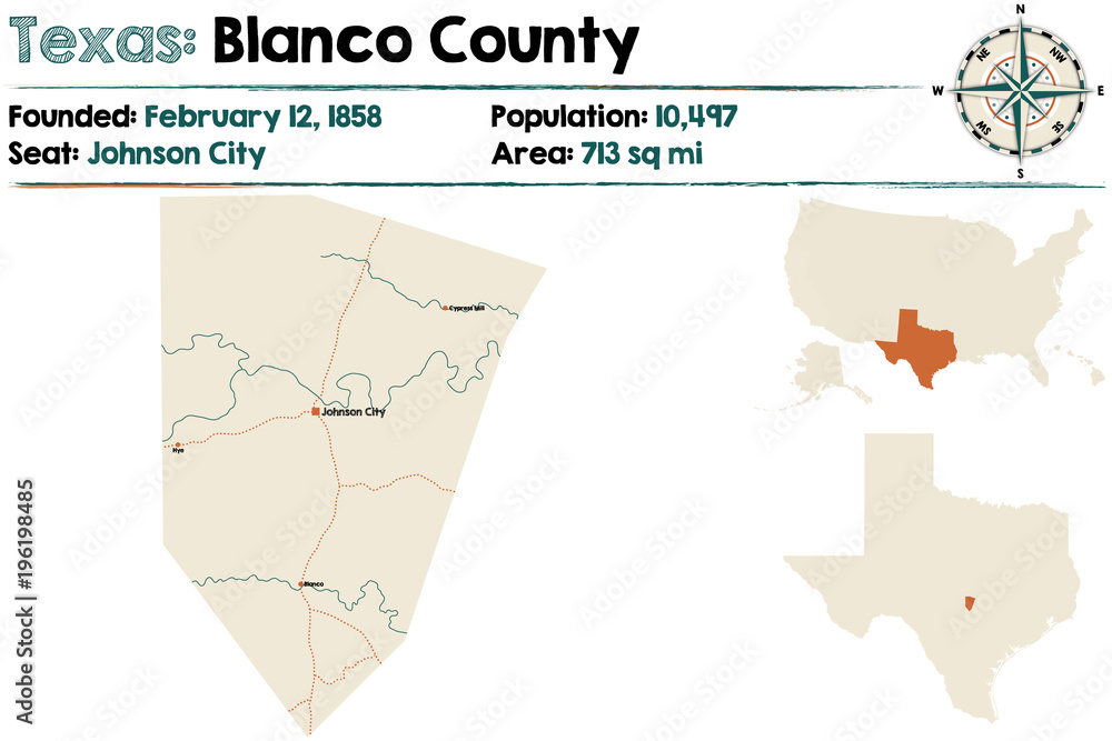 Detailed map of Blanco county in Texas, USA