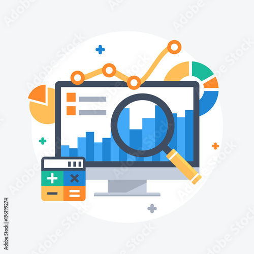 Flat design modern vector illustration concept of website analytics search information.