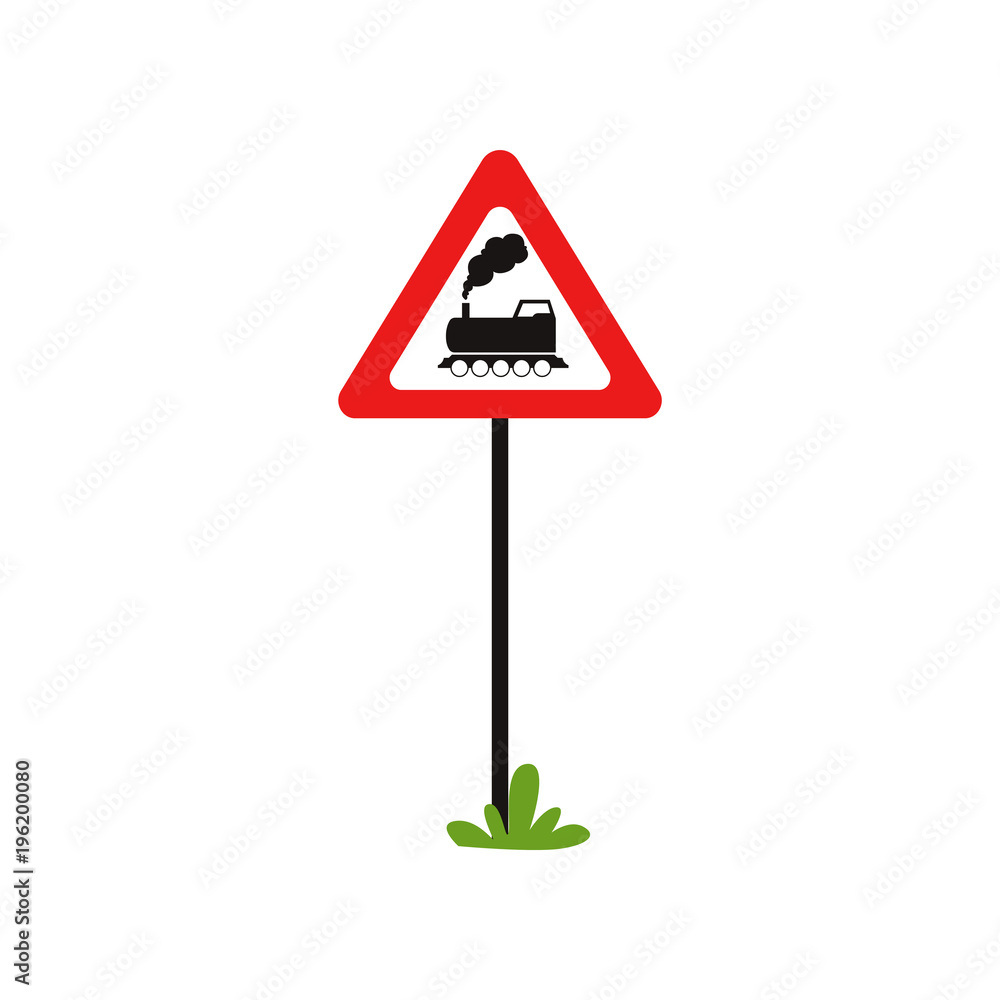 Cartoon flat vector illustration of triangular road sign with train without  barrier . Railroad crossing ahead. Element for mobile game or book of  traffic rules Stock Vector | Adobe Stock