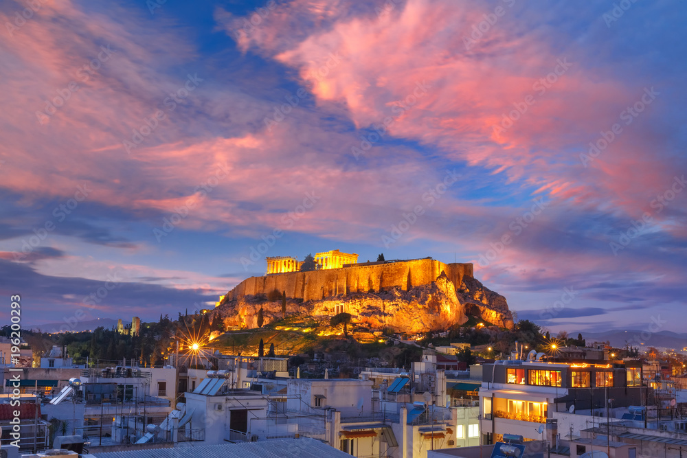 Aerial view of the Acropolis Hill, crowned with Parthenon at gorgeous sunset in Athens, Greece