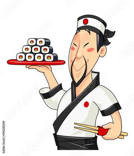 Japanese cook with sushi. Traditional food. Profession. Chief