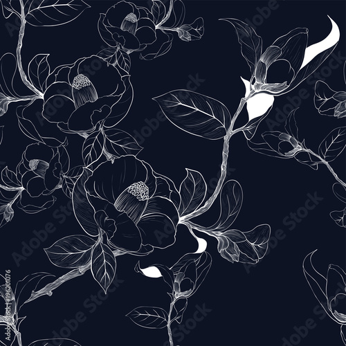 Vector background. Camellia - flowers and leaves. Seamless pattern. Perfumery and cosmetic plants. Wallpaper. Use printed materials, signs, posters, postcards, packaging. 