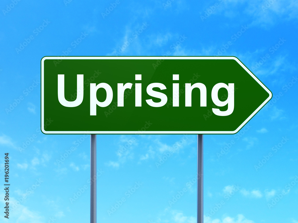 Politics concept: Uprising on green road highway sign, clear blue sky background, 3D rendering Politics concept: Uprising on green road highway sign, clear blue sky background, 3D rendering