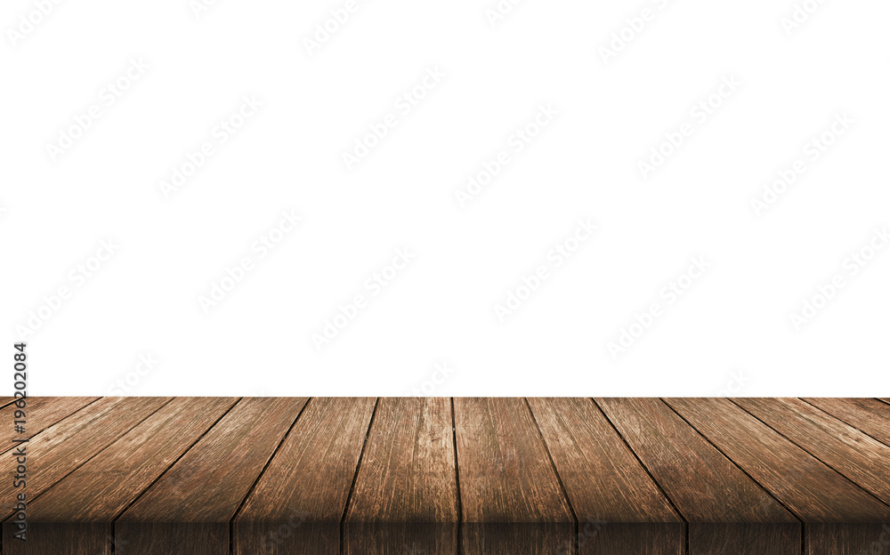 Wooden old table isolated on white background. For your product placement or montage with focus to the table top in the foreground Wooden old table isolated on white background. For your product placement or montage with focus to the table top in the foreground