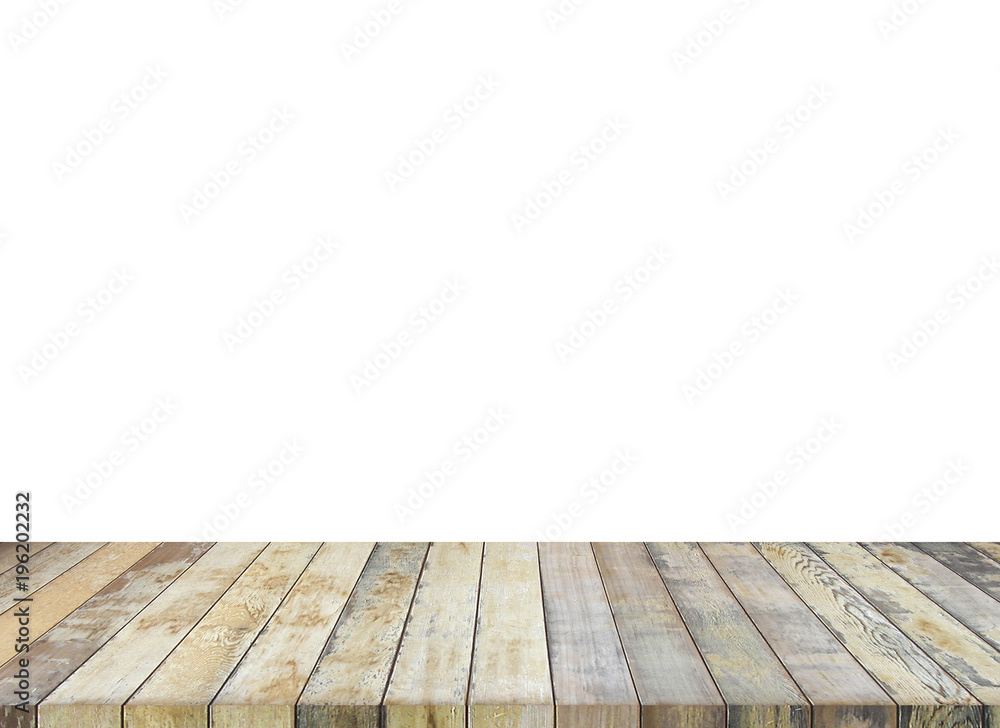 Wooden old table isolated on white background. For your product placement or montage with focus to the table top in the foreground