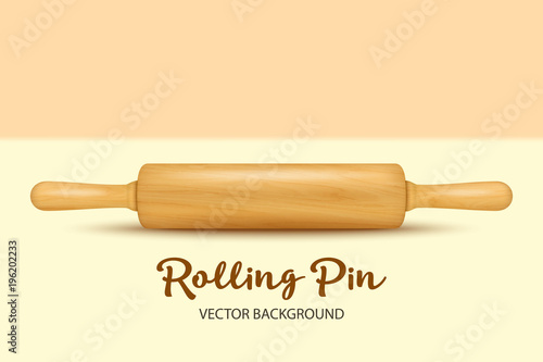 Vector background with realistic 3D wooden rolling pin closeup. Design template for graphics