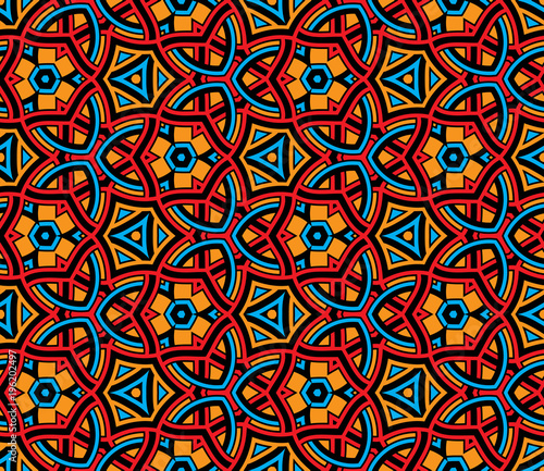 Seamless pattern with modern ornamental design of blue, orange, red, and black shades