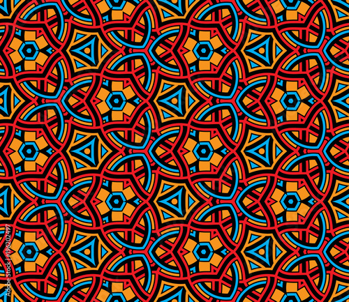 Seamless pattern with modern ornamental design of blue, orange, red, and black shades