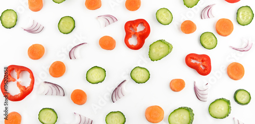 Abstract composition of vegetables. Vegetable pattern. Food background.Flat lay. Wide photo.