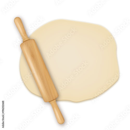 Vector realistic 3D wooden rolling pin on roll out the dough closeup isolated on white background. Design template for graphics