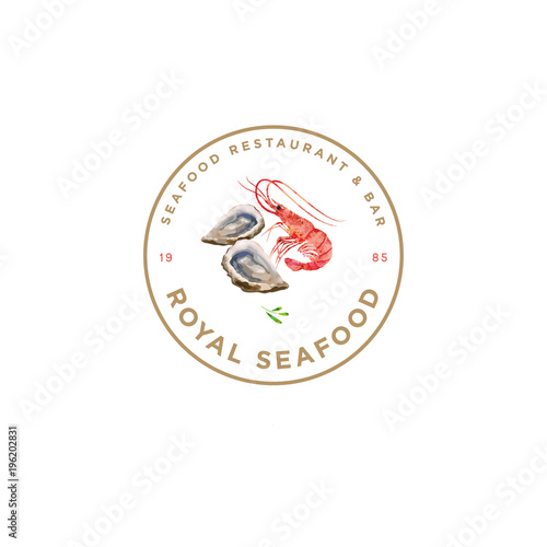 Seafood restaurant logo. Red prawn and oysters emblem. Watercolor illustration.