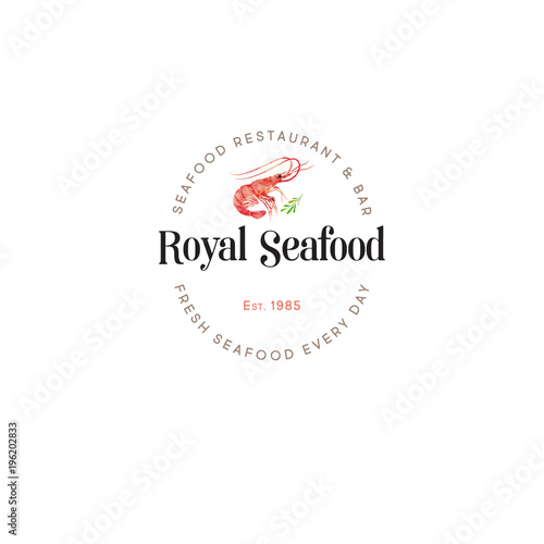 Seafood restaurant logo. Red prawn. Watercolor shrimp illustration emblem. 