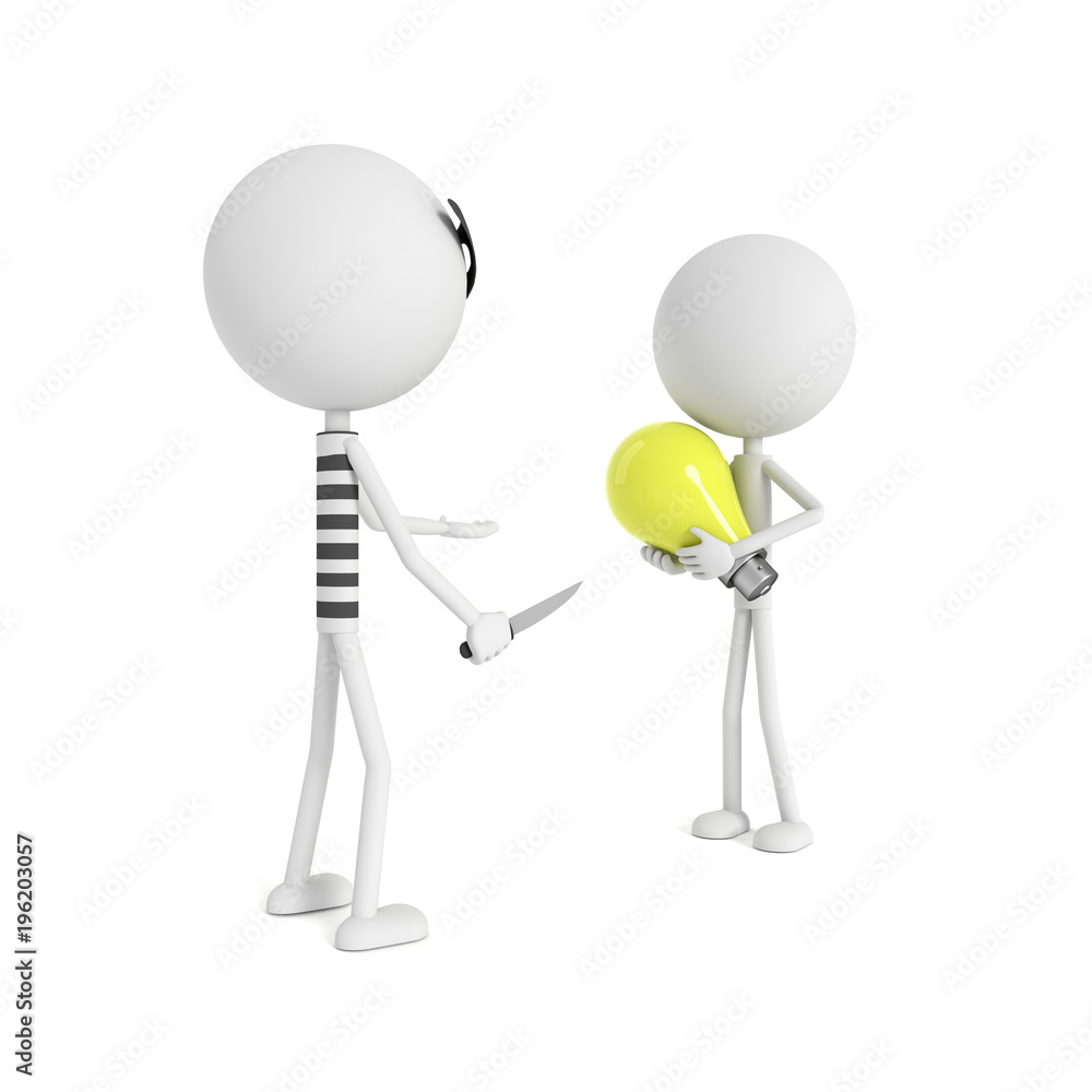 Robber stealing bulb from the man with stealing idea concept. 3D rendering. Robber stealing bulb from the man with stealing idea concept. 3D rendering.