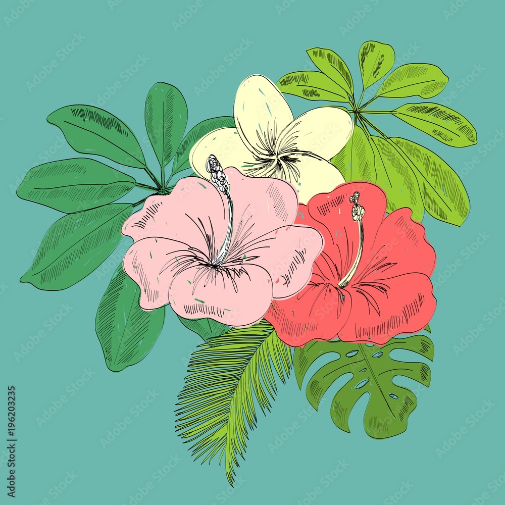 Fototapeta premium Tropical vector illustration with leaves and flowers.