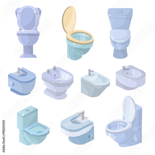 Toilet bowl and seat vector toiletries flush and bathroom ceramic equipment or sanitary toilette in wc closet illustration set of lavatory with toiletware isometric icons isolated on white background