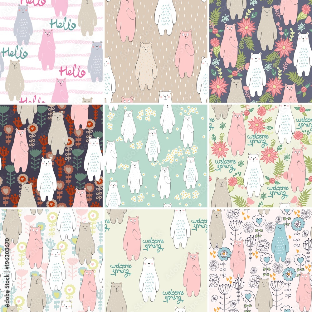 Vector seamless patterns with bears and flowers.