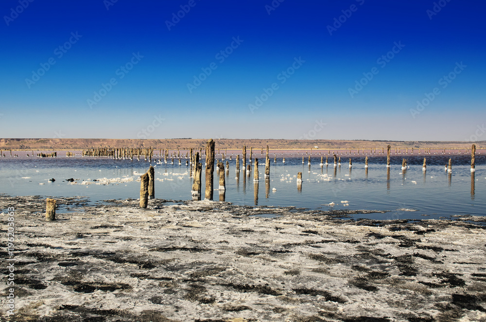 Beautiful salt lake with blue and pink water and wooden posts, natural landscape amazing background