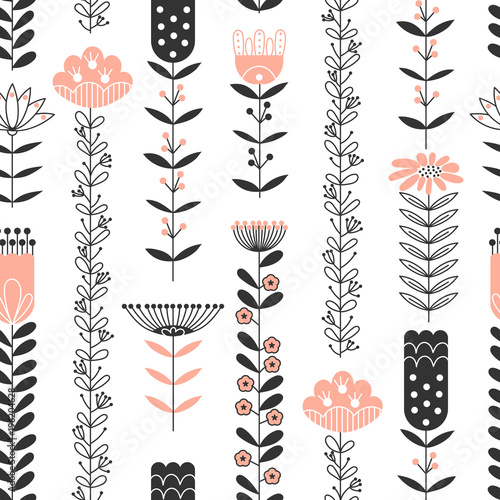 Pattern with black and pink flowers