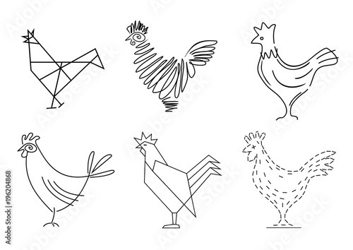 Set of sketches of a rooster. Stylized icons in vector graphics. Blank badges for brands