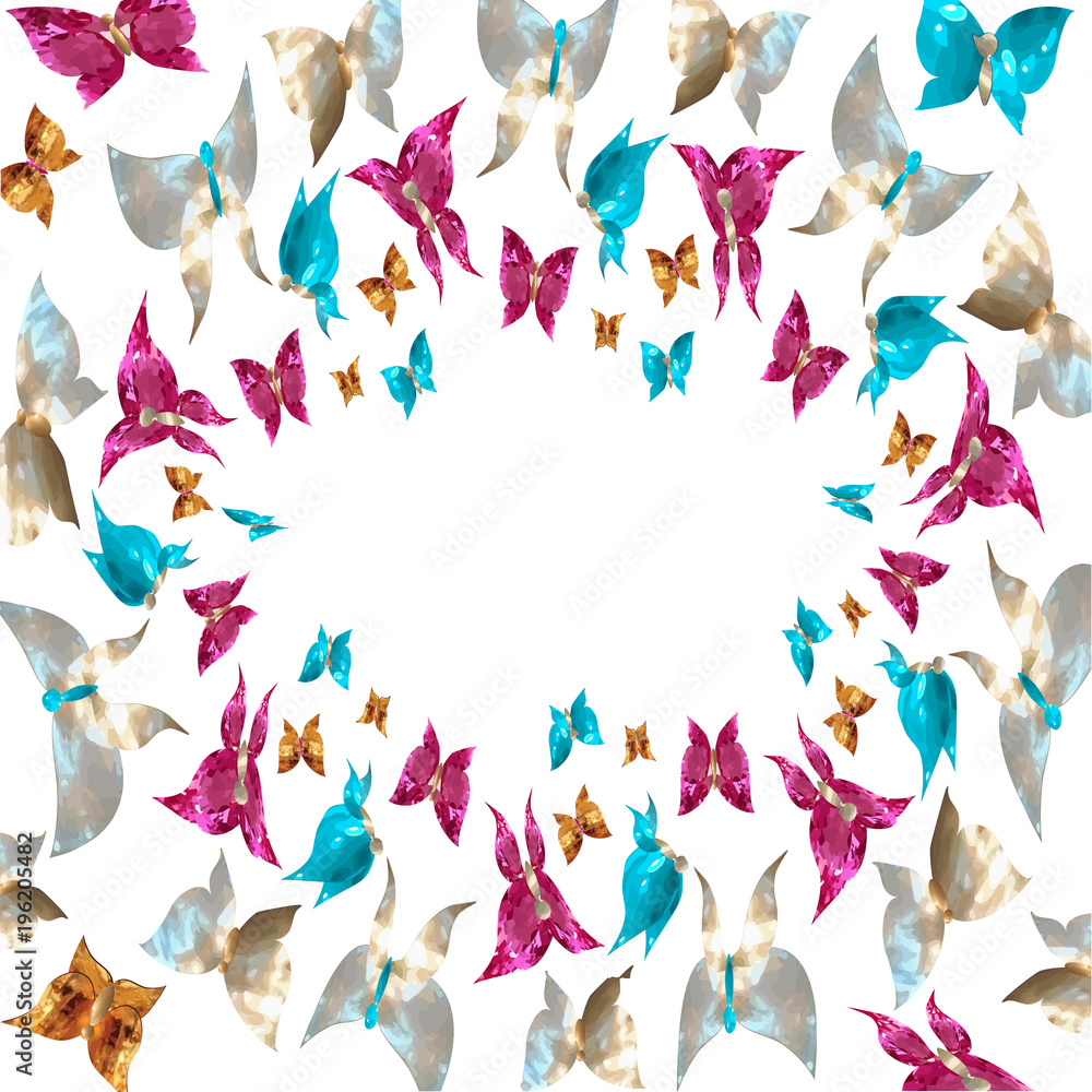 Fototapeta premium Framed by a frame of jewelry butterflies in the form of gems, mother of pearl, rubies, sapphires and gold