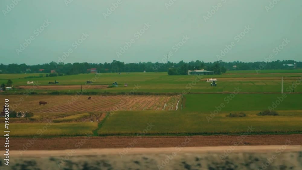 The Vietnam rural countryside viewed from a passing vehicle on an overcast rainy day The Vietnam rural countryside viewed from a passing vehicle on an overcast rainy day